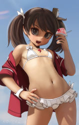 Rule 34 | 10s, 1girl, artist name, bikini, bikini under clothes, black hair, blue sky, contrapposto, cup, day, drinking straw, fangs, flat chest, food, frilled bikini, frills, gluteal fold, hand on own hip, highres, holding, jacket, jacket on shoulders, kantai collection, looking at viewer, magatama, navel, necktie, novcel, open clothes, open jacket, open mouth, red jacket, ryuujou (kancolle), shaved ice, short hair, sky, solo, standing, stomach, sunlight, swimsuit, twintails, visor cap, white bikini