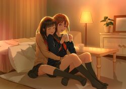 Rule 34 | 2girls, absurdres, arms around waist, bed, bedroom, black hair, black sailor collar, black socks, blue shirt, brown hair, brown shirt, cardigan, closed eyes, coffee table, cup, happy, highres, holding, holding cup, hug, hug from behind, indoors, kneehighs, lamp, light rays, long hair, looking at another, looking to the side, multiple girls, nap on a cloud, neckerchief, on floor, original, pillow, plant, potted plant, purple eyes, red neckerchief, sailor collar, school uniform, serafuku, shirt, sitting, smile, socks, table, thighs, yuri