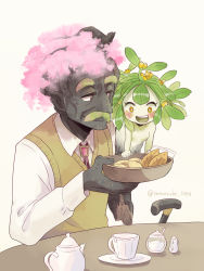 Rule 34 | 1boy, 1girl, blush, child, conjoined, cup, highres, monster boy, monster girl, old, old man, open mouth, original, plant boy, plant girl, smile, teacup, topless, yamanobe