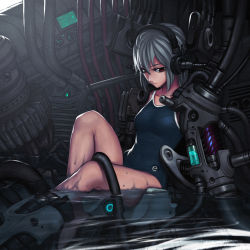 Rule 34 | 1girl, black one-piece swimsuit, iwai ryou, mecha musume, one-piece swimsuit, original, partially submerged, school swimsuit, solo, swimsuit