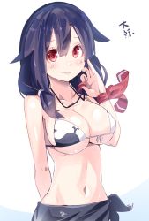 Rule 34 | 10s, 1girl, bikini, bikini top only, black hair, blush, breasts, cleavage, front-tie bikini top, front-tie top, groin, highres, jewelry, kantai collection, large breasts, looking at viewer, low twintails, magatama, meth (emethmeth), navel, necklace, pendant, red eyes, sarashi, sarong, shiny skin, sideboob, simple background, skindentation, smile, solo, swimsuit, taigei (kancolle), twintails, underboob, white background