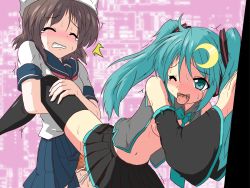 Rule 34 | 1futa, 1girl, aqua eyes, aqua hair, blush, brown hair, clothed sex, crescent, crescent hair ornament, cum, cum in pussy, cumdrip, detached sleeves, doggystyle, fictional persona, fucked silly, futa with female, futanari, hair ornament, hatsune miku, highres, impregnation, leg hold, mikazuki neko, navel, necktie, one eye closed, open clothes, open mouth, open shirt, penis, school uniform, serafuku, sex, sex from behind, shirt, skirt, sweat, tears, thighhighs, tongue, tongue out, twintails, vaginal, vocaloid