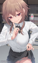 Rule 34 | 1girl, black bow, black bowtie, black skirt, bow, bowtie, breasts, brown hair, closed mouth, clothes lift, collared shirt, fanbox username, hair between eyes, heart, highres, index finger raised, jjune, lifting own clothes, long sleeves, looking at viewer, medium breasts, medium hair, original, panties, patreon username, red eyes, shirt, skirt, skirt lift, smile, solo, spoken heart, thighs, underwear, white panties, white shirt
