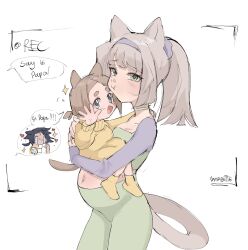 Rule 34 | 1boy, 2girls, animal ears, big belly, black hair, cat boy, cat ears, cat girl, cat tail, child, crying, green eyes, grey eyes, headband, heart, highres, innie navel, light brown hair, midriff, miyu (vanabette), mother and child, multiple girls, navel, original, ponytail, pout, pregnant, signature, speech bubble, streaming tears, tail, tears, vanabette, video camera, viewfinder, waving