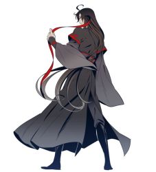 Rule 34 | 1boy, beaugi, black hair, chinese clothes, full body, holding, holding ribbon, long hair, male focus, modao zushi, red eyes, red ribbon, ribbon, simple background, standing, very long hair, wei wuxian, white background, wide sleeves