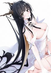 Rule 34 | 1girl, :|, azur lane, barefoot, black hair, black ribbon, blush, breasts, cleavage, cleavage cutout, closed mouth, clothing cutout, dutch angle, green eyes, highres, horns, indomitable (azur lane), kana yukino, large breasts, long hair, looking at viewer, lying, necktie, on side, patreon username, revealing clothes, ribbon, seiza, sidelocks, sitting, solo, thighs, very long hair