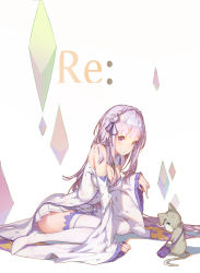 Rule 34 | 10s, 1girl, :o, absurdres, animal, arm support, bad id, bad pixiv id, bare shoulders, blunt bangs, blush, boots, braid, breasts, cat, cleavage, copyright name, detached collar, diamond (shape), dress, elf, emilia (re:zero), eyebrows, flower, full body, hair flower, hair ornament, hair ribbon, hairclip, highres, long hair, long sleeves, looking at viewer, md5 mismatch, pack (re:zero), pointy ears, puck (re:zero), purple eyes, purple flower, purple rose, re:zero kara hajimeru isekai seikatsu, resolution mismatch, ribbon, rose, shade, silver hair, sitting, source smaller, thigh boots, thighhighs, wariza, white background, white footwear, white thighhighs, wide sleeves, zetlice