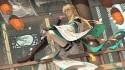 Rule 34 | 1boy, architecture, black footwear, black gloves, blonde hair, closed mouth, east asian architecture, fingerless gloves, floating clothes, gloves, green eyes, hair between eyes, highres, holding, honkai: star rail, honkai (series), jewelry, kkknnnn, long hair, long sleeves, looking at viewer, luocha (honkai: star rail), male focus, necklace, pants, sitting, solo, thigh strap, three quarter view, unworn jewelry, unworn necklace, white pants