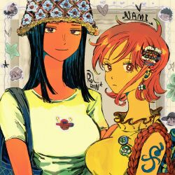 Rule 34 | 2girls, arm tattoo, bag, black hair, blunt ends, character name, closed mouth, collar, commentary, daisy, earrings, flower, frilled collar, frills, hat, heart, highres, jewelry, looking at viewer, makenevemoiine, monkey d. luffy, multiple girls, nami (one piece), nico robin, one piece, orange eyes, orange hair, purple eyes, roronoa zoro, sanji (one piece), shirt, short hair, short sleeves, shoulder bag, smile, t-shirt, tattoo, tony tony chopper, upper body, usopp, white shirt