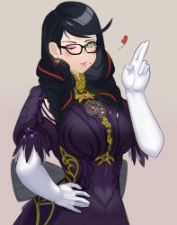 Rule 34 | 1girl, absurdres, bayonetta, bayonetta (series), bayonetta 3, black hair, blush, buffy (risottosf), earrings, gem, glasses, gloves, hand on own hip, hand up, highres, jewelry, lips, lipstick, long hair, makeup, mole, mole under mouth, multicolored hair, one eye closed, white gloves