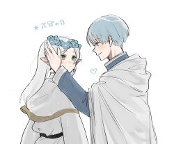 Rule 34 | 1boy, 1girl, blue flower, blue hair, blue jacket, blush, cape, capelet, closed mouth, commentary request, dress, earrings, elf, flower, frieren, green eyes, hand on another&#039;s head, head wreath, heart, hetero, highres, himmel (sousou no frieren), jacket, jewelry, long hair, looking at viewer, mole, mole under eye, pointy ears, short hair, simple background, smile, sousou no frieren, translation request, twintails, u0oouo, upper body, white background, white cape, white capelet, white dress, white hair