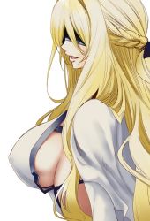 Rule 34 | 10s, 1girl, black ribbon, blindfold, blonde hair, braid, breasts, commentary request, crown braid, dress, from side, goblin slayer!, half updo, highres, kurose kousuke, large breasts, long hair, open mouth, parted lips, ribbon, sideboob, solo, sword maiden, white dress