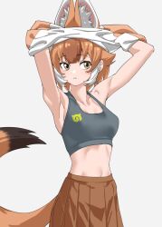 Rule 34 | 1girl, animal ear fluff, animal ears, armpits, arms up, bra, breasts, brown hair, brown skirt, collarbone, commentary, dhole (kemono friends), dog ears, dog girl, dog tail, extra ears, grey background, grey bra, grey sports bra, highres, japari symbol print, kemono friends, kemono friends 3, looking at viewer, medium breasts, midriff, multicolored hair, parted lips, pleated skirt, short hair, simple background, skirt, solo, sports bra, tail, tanabe (fueisei), two-tone hair, underwear, undressing, white hair, yellow eyes