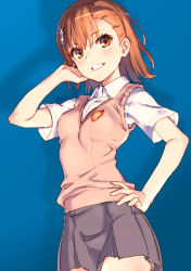 Rule 34 | 1girl, blue background, blush, breasts, brown eyes, brown hair, collared shirt, commentary request, dress shirt, flower, grey skirt, hair flower, hair ornament, hand on own hip, hand up, looking at viewer, misaka mikoto, parted lips, pleated skirt, raika9, shirt, skirt, small breasts, smile, solo, sweater vest, toaru kagaku no railgun, toaru majutsu no index, twitter username, v-neck, white flower, white shirt