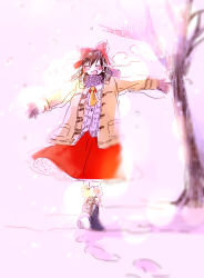 Rule 34 | 1girl, blush, boots, breath, coat, cross-laced footwear, closed eyes, footprints, full body, fur-trimmed boots, fur boots, fur trim, gloves, hakurei reimu, lace-up boots, no nose, open mouth, outstretched arms, smile, snow boots, snowing, solo, touhou, yonu (yonurime)