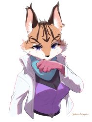 Rule 34 | 1girl, :3, absurdres, animal ears, animal nose, artist name, belt, blood, blood from mouth, blue eyes, blue scarf, body fur, breasts, brown fur, closed mouth, cropped jacket, earrings, female focus, furry, furry female, gloves, hand up, highres, jacket, jewelry, looking at viewer, medium breasts, miyu lynx, namagaki yukina, nintendo, open clothes, open jacket, pink gloves, purple shirt, scarf, scratches, shirt, signature, simple background, single earring, solo, star fox, star fox 2, upper body, v-shaped eyebrows, white background, white fur, white jacket, wiping mouth