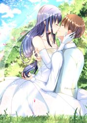 Rule 34 | 1boy, 1girl, arm around back, arm around waist, bare shoulders, black hair, blue sky, blush, breasts, bridal veil, brown hair, cleavage, closed eyes, closed mouth, collarbone, commentary request, couple, day, dress, elbow gloves, falling petals, formal, from side, full body, gloves, grass, hair between eyes, hand on another&#039;s cheek, hand on another&#039;s face, hand on another&#039;s head, happy, hetero, highres, hug, kiss, kiss day, kushima kamome, large breasts, long dress, long hair, long sleeves, on grass, outdoors, petals, profile, short hair, sidelocks, sitting, sky, smile, straight hair, suit, summer pockets, sunlight, takahara hairi, veil, very long hair, wedding, wedding dress, white dress, white gloves, white suit, yaki-ayato