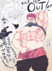 Rule 34 | 2boys, abs, arm behind head, bara, bare pectorals, black pants, black tank top, boku no hero academia, boxer briefs, burn scar, clothes lift, clothes pull, endeavor (boku no hero academia), hand under clothes, hawks (boku no hero academia), large pectorals, male focus, male underwear, mature male, multiple boys, muscular, muscular male, navel, nipples, pants, pants pull, pectorals, red hair, red male underwear, scar, scar on face, sekijaku, short hair, tank top, teeth, translation request, underwear