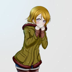 Rule 34 | 10s, 1girl, blue shorts, brown hair, brown pantyhose, cowboy shot, green sweater, grey background, koizumi hanayo, leaning forward, looking at viewer, love live!, love live! school idol festival, love live! school idol project, pantyhose, purple eyes, roaru (gyuren), short hair, short shorts, shorts, simple background, solo, standing, sweater