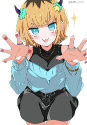 Rule 34 | 1girl, :3, absurdres, bare shoulders, black skirt, blonde hair, blue eyes, blue sweater, blunt bangs, commentary, covered collarbone, demon horns, earrings, fake horns, fang, hair ornament, head tilt, highres, horns, jewelry, long sleeves, looking at viewer, mem-cho, multicolored hair, multiple rings, nail polish, necklace, off-shoulder sweater, off shoulder, open mouth, oshi no ko, paw pose, pink nails, puffy sleeves, ring, roots (hair), shadow, short hair, sidelocks, simple background, skirt, solo, sparkle, squatting, star (symbol), star hair ornament, sweater, twitter username, white background, white gorilla (okamoto)