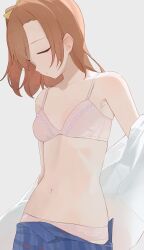 Rule 34 | 1girl, blue skirt, bra, breasts, closed eyes, clothes pull, collarbone, commentary, highres, hiroki (yyqw7151), kosaka honoka, love live!, love live! school idol project, navel, one side up, open clothes, open shirt, orange hair, panties, pink bra, pink panties, plaid, plaid skirt, shirt, simple background, skirt, skirt pull, small breasts, solo, stomach, underwear, white shirt