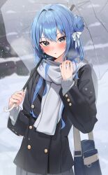 Rule 34 | 1girl, absurdres, alternate costume, asymmetrical hair, bag, black coat, blue eyes, blue hair, blurry, blurry background, blush, bow, coat, commentary, cowboy shot, double-parted bangs, flat chest, grey scarf, grey skirt, grey sweater, hair bow, hair bun, hair intakes, highres, holding, holding umbrella, hololive, hoshimachi suisei, long hair, long sleeves, looking at viewer, outdoors, panda 0035, parted lips, pleated skirt, scarf, school bag, single side bun, skirt, snowing, solo, standing, star (symbol), star in eye, sweater, symbol in eye, transparent, transparent umbrella, umbrella, virtual youtuber, white bow, winter