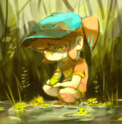 Rule 34 | 1girl, animal, animal print, barefoot, baseball cap, black-framed eyewear, blue hat, blush stickers, brown hair, closed mouth, commentary, english commentary, frog, frog print, gift art, glasses, grass, green eyes, green trim, hat, holding, holding animal, lily pad, long hair, looking at animal, lowres, original, outdoors, ponytail, red shirt, shirt, short sleeves, smile, solo, squatting, t-shirt, temmie chang, wetland