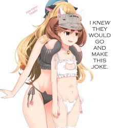 Rule 34 | 10s, 2girls, :d, animal ears, atago (kancolle), bell, neck bell, neck bell, beret, between breasts, black bra, black panties, blonde hair, bra, breast envy, breast rest, breasts, breasts on shoulders, brown eyes, brown hair, cat cutout, cat ear panties, cat ears, cat girl, cat lingerie, choker, cleavage cutout, clothing cutout, collar, collarbone, commentary request, empty eyes, female focus, flat chest, hard-translated, hat, highres, kantai collection, large breasts, long hair, meme attire, multiple girls, mushi gyouza, navel, open mouth, pan-pa-ka-paaan!, panties, ryuujou (kancolle), side-tie panties, smile, stomach, third-party edit, translated, twintails, underwear, underwear only, visor cap, white bra, white legwear, yuri