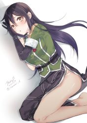Rule 34 | 1girl, barefoot, black eyes, black gloves, black hair, breasts, chikuma (kancolle), dated, elbow gloves, gloves, highres, kantai collection, large breasts, long hair, lying, military, military uniform, on side, one-hour drawing challenge, pantyhose, pelvic curtain, puffy short sleeves, puffy sleeves, saiki yuzuri, see-through, see-through legwear, short sleeves, single elbow glove, single glove, solo, twitter username, uniform