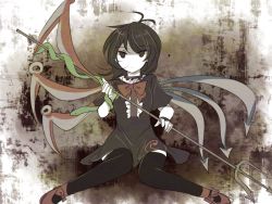 Rule 34 | 1girl, asymmetrical wings, black hair, bow, dress, houjuu nue, kutsuki kai, polearm, short hair, short sleeves, sitting, snake, thighhighs, touhou, trident, weapon, wings