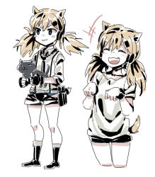 Rule 34 | +++, 1girl, :3, :d, animal ears, black footwear, blonde hair, blue eyes, blush stickers, boots, cat, cat ears, cat tail, commentary, closed eyes, fang, fingerless gloves, girls&#039; frontline, gloves, headgear, idw (girls&#039; frontline), korean commentary, necktie, open mouth, paw pose, shirt, short twintails, shorts, sidarim, simple background, smile, solo, suspenders, tail, twintails, white background