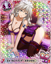Rule 34 | 1girl, all fours, blue bow, bow, braid, breasts, card (medium), chess piece, cleavage, female focus, frilled thighhighs, frills, garter straps, grayfia lucifuge, grey eyes, grey hair, hair bow, high school dxd, lace, lace-trimmed legwear, lace trim, large breasts, lingerie, long hair, looking at viewer, maid headdress, matching hair/eyes, official art, queen (chess), red lips, smile, solo, teddy (lingerie), thighhighs, twin braids, underwear, underwear only