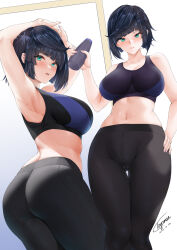 Rule 34 | 1girl, armpits, arms up, ass, bare arms, bare shoulders, black pants, blue background, blue hair, blush, breasts, collarbone, diagonal bangs, genshin impact, gradient background, green eyes, highres, holding, large breasts, looking at viewer, looking back, midriff, multiple views, navel, pants, parted lips, short hair, signature, smile, sports bra, thighs, toyoman, two-tone sports bra, white background, yelan (genshin impact), yoga pants