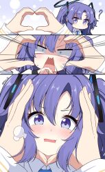 Rule 34 | 1girl, 1other, puff of air, ?, blue archive, blue necktie, blush, chibi, comic, emphasis lines, halo, hand on another&#039;s chin, hands on another&#039;s cheeks, hands on another&#039;s face, heart, heart hands, highres, mechanical halo, necktie, open mouth, purple eyes, purple hair, reia 76, silent comic, snoot challenge, sweatdrop, twitter username, two side up, v-shaped eyebrows, wavy mouth, yuuka (blue archive)