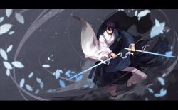 Rule 34 | 1boy, bandages, black border, blue eyes, blue hair, boogbogex, border, closed mouth, commentary request, dual wielding, fighting stance, full body, glowing, holding, japanese clothes, katana, kimono, letterboxed, long sleeves, looking to the side, male focus, noragami, petals, ponytail, short ponytail, sitting, solo, sword, weapon, white kimono, wide sleeves, wind, wind lift, yato (noragami)