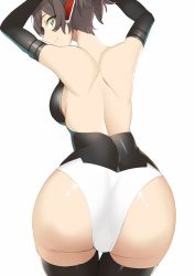 Rule 34 | 1girl, ass, black gloves, black thighhighs, brown hair, closed mouth, copyright request, doko tetora, elbow gloves, from behind, gloves, green eyes, hands up, leotard, looking at viewer, looking back, sideways glance, simple background, solo, thigh gap, thighhighs, white background