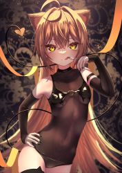 Rule 34 | 1girl, :q, absurdres, ahoge, animal ears, bare shoulders, black bra, black nails, black panties, bodystocking, bra, brown hair, closed mouth, crossed bangs, demon tail, detached sleeves, hair between eyes, hand on own hip, highres, inaba teitoku, indie virtual youtuber, light particles, lion ears, long hair, long sleeves, looking at viewer, nail polish, panties, ribbon, rurudo lion, sleeves past wrists, solo, tail, tail raised, tongue, tongue out, underwear, very long hair, virtual youtuber, yellow eyes, yellow ribbon