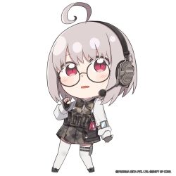 Rule 34 | 1girl, ahoge, black-framed eyewear, camouflage, camouflage skirt, chibi, collared shirt, commentary, dress shirt, english commentary, fingerless gloves, full body, glasses, gloves, goddess of victory: nikke, grey gloves, grey hair, hand up, headset, highres, long sleeves, looking at viewer, medium hair, official art, open mouth, pouch, raised eyebrows, red eyes, ribbon, round eyewear, shirt, signal (nikke), skirt, solo, standing, thigh strap, thighhighs, totatokeke, white shirt, white thighhighs