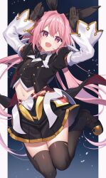 Rule 34 | 1boy, :d, absurdres, astolfo (fate), astolfo (saber) (fate), black bow, black bowtie, black gloves, black ribbon, bow, bowtie, fang, fate/grand order, fate (series), gloves, hair intakes, highres, kan&#039;yu (citron 82), looking at viewer, low twintails, male focus, multicolored hair, open mouth, pink hair, rabbit pose, ribbon, skin fang, smile, streaked hair, trap, twintails, wing collar