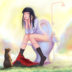 Rule 34 | 1girl, ^ ^, absurdres, animal, black hair, black socks, blunt bangs, blush, closed eyes, clothes pull, darkmuleth, full body, grass, hand in own hair, hands on own cheeks, hands on own face, head rest, highres, industrial pipe, kneehighs, long hair, no pants, no shoes, original, panties, panty pull, pink lips, pleated skirt, red skirt, restroom, shirt, shower head, sitting, skirt, skirt around one leg, skirt pull, sleeves past elbows, socks, solo, straight hair, tiptoes, toilet, toilet paper, toilet use, underwear, wheel, white panties, white shirt
