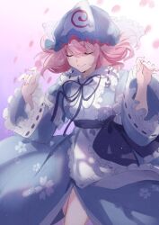 Rule 34 | 1girl, backlighting, blue hat, blue kimono, blue ribbon, cherry blossom print, cherry blossoms, closed eyes, closed mouth, floating hair, floral print, frilled kimono, frilled sleeves, frills, gradient background, hat, highres, japanese clothes, kimono, mob cap, murumuru (pixiv51689952), pink hair, ribbon, saigyouji yuyuko, short hair, smile, solo, touhou, triangular headpiece, wide sleeves