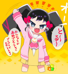 Rule 34 | 1girl, :d, arm up, black hair, blush, bow, commentary request, cropped legs, dress, fang, flower, gaaruru (pripara), green flower, grey eyes, hair bow, headphones, holding, holding flower, jacket, long hair, long sleeves, looking at viewer, moudoku (decopon3rd), neckerchief, open mouth, orange flower, paprika private academy school uniform, pink bow, pink jacket, pink neckerchief, pretty series, pripara, sailor collar, school uniform, short dress, smile, solo, speech bubble, standing, translation request, twintails, waving, white sailor collar, yellow background, yellow dress, yellow flower