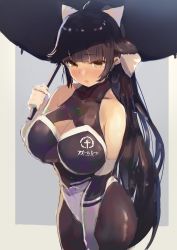 Rule 34 | 1girl, absurdres, azur lane, bad id, bad twitter id, bare shoulders, black hair, black pantyhose, bow, breasts, brown eyes, cleavage, cleavage cutout, clothing cutout, cowboy shot, elbow gloves, fingerless gloves, gloves, hair bow, hair flaps, highres, large breasts, logo, long hair, looking at viewer, misago (525), pantyhose, ponytail, race queen, solo, takao (azur lane), takao (full throttle charmer) (azur lane), two-tone background, two-tone leotard, umbrella, white bow