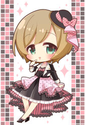 Rule 34 | 1girl, asaba hiromu, black dress, black jacket, blue eyes, bracelet, brown hair, checkered background, chibi, dress, finger to mouth, hat, idolmaster, idolmaster cinderella girls, idolmaster cinderella girls starlight stage, jacket, jewelry, long sleeves, looking at viewer, manaka misato, mini hat, necklace, open mouth, overskirt, pink background, pink ribbon, polka dot, polka dot ribbon, ribbon, short hair, smile, solo