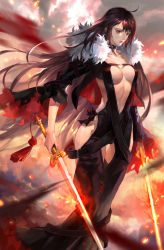 Rule 34 | 1girl, absurdres, ahoge, black dress, breasts, brown hair, center opening, choker, cloud, collarbone, commentary, dress, dual wielding, earrings, english commentary, fate/grand order, fate (series), fur trim, highres, holding, holding sword, holding weapon, jewelry, long hair, looking at viewer, medium breasts, parted lips, red eyes, sky, solo, standing, strapless, strapless dress, sword, taak choi, very long hair, weapon, yu mei-ren (fate)
