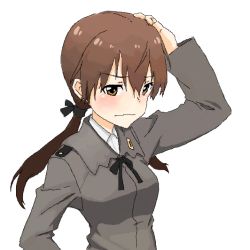 Rule 34 | 1girl, bad id, bad pixiv id, black ribbon, blush, brown eyes, brown hair, female focus, gertrud barkhorn, hair ribbon, hand on own head, jacket, long hair, long sleeves, military, military uniform, oekaki, ribbon, shiratama (hockey), simple background, solo, strike witches, twintails, uniform, wavy mouth, white background, world witches series