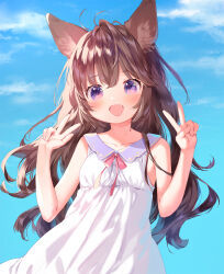 Rule 34 | 1girl, animal ears, brown hair, double v, dress, fangs, highres, long hair, looking at viewer, mutou mato, open mouth, original, purple eyes, sleeveless, sleeveless dress, v, white dress