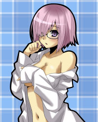 Rule 34 | 1girl, breasts, cleavage, fate/grand order, fate (series), glasses, hair over one eye, looking at viewer, mash kyrielight, matsudora124, midriff, no bra, open clothes, open shirt, purple eyes, purple hair, shirt, short hair, solo, upper body, white shirt