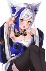 Rule 34 | absurdres, animal ear fluff, animal ears, aomiya yozuri, black thighhighs, blue hair, blush, breasts, cat ears, cat girl, cat tail, cleavage, commentary request, fang, goggles, goggles around neck, hair between eyes, highres, knees up, looking at viewer, medium breasts, multicolored hair, open mouth, sidelocks, simple background, sitting, siyara amau, skin fang, streaked hair, tail, thighhighs, vee (vtuber), virtual youtuber, white background, white hair, yellow eyes