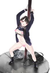 Rule 34 | 1girl, ama mitsuki, arms up, assisted exposure, bag, bdsm, black footwear, black hair, black jacket, black socks, blazer, blue bow, blue bowtie, blush, bondage, bottomless, bound, bow, bowtie, bra, bra pull, breasts, buckle, censored, chain, chained, clothes lift, clothes pull, collar, faux figurine, full body, gluteal fold, grey skirt, heart, heart censor, jacket, loafers, long sleeves, looking at viewer, medium breasts, navel, open clothes, open jacket, open mouth, original, pole, purple eyes, restrained, school bag, school uniform, shirt lift, shoes, simple background, skirt, slave, socks, solo, spread legs, standing, stomach, striped bow, striped bowtie, striped bra, striped clothes, striped neckwear, tareme, underwear, unworn skirt, vertical-striped bra, vertical-striped clothes, white background